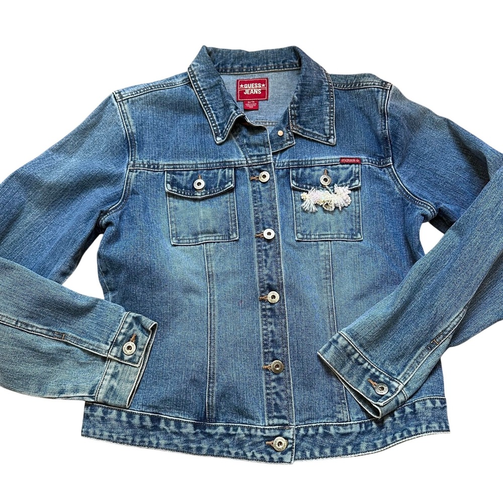 Guess Jeans medium wash beaded mermaid embellished beaded jean jacket SIZE XL